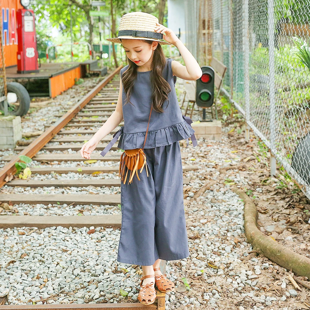 

Summer Toddler Girls Vest+Wide Leg 2pcs Sets Children Vestidos Girls Round Collar Sleeveless T-shirt +Fashion Wide Leg Trousers
