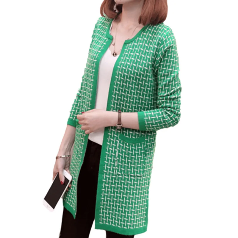 #^Special Price Spring Autumn Women O-Neck Plaid Knitted Sweater Cardigan Female Long Sleeve Middle Long Knitwear Lady Outwear with Pocket F711