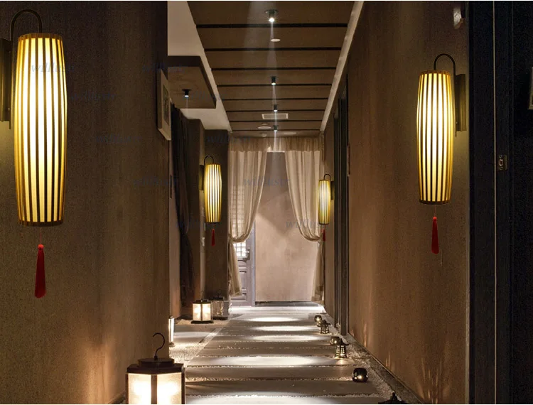 Китайский стиль Бамбуковый настенный светильник ручной работы цилиндрическая древесина Бра прикроватный коридор прохода дверной проем Бар Отель кафе классическое дзен освещение
