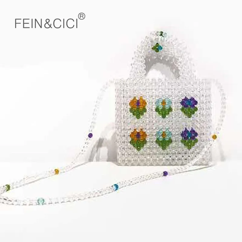 

Pearls bag beaded flower acrylic totes box handbag women evening party crossbody messenger bag 2019 summer bag brand clear color