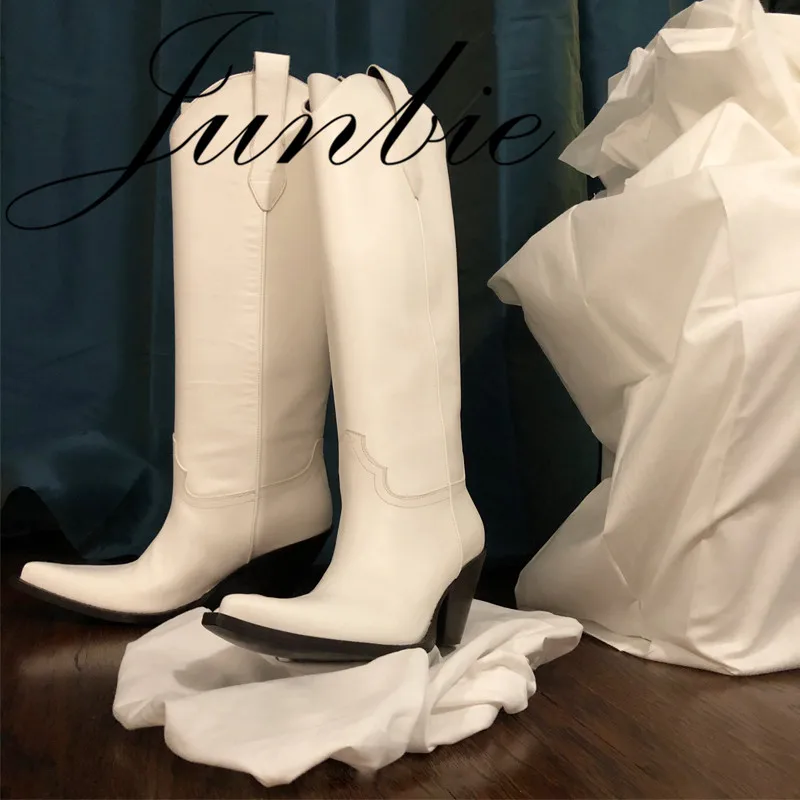

JUNBIE Black White Gladiator Knee HIgh Winter Autumn Boots Slip On Motircycle Boots Thick Heel Boots