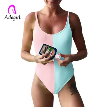 

Adogirl color patchwork one piece women swim suits o neck summer beach playsuits assorted colors beach bodysuits backless suits