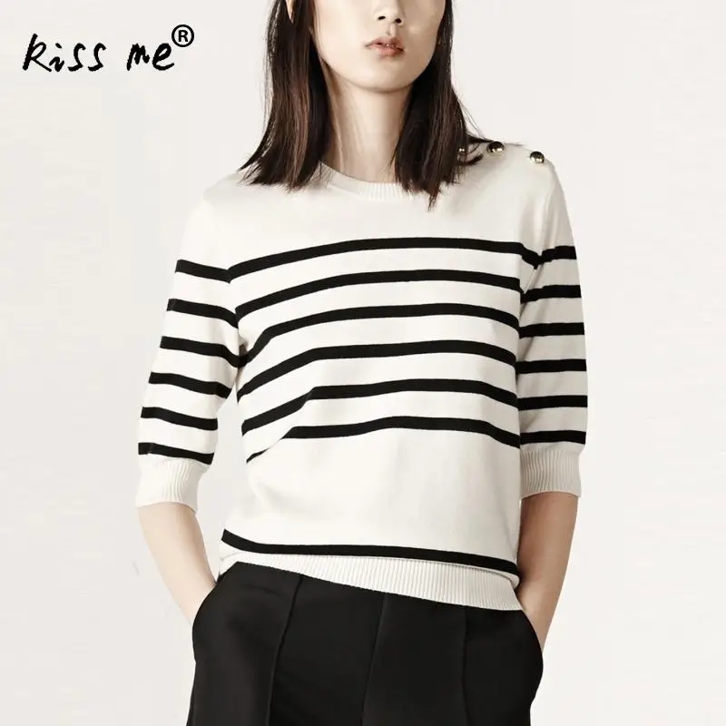 Women Winter Clothes Print Stripe Sweater Half Sleeve O Neck Women