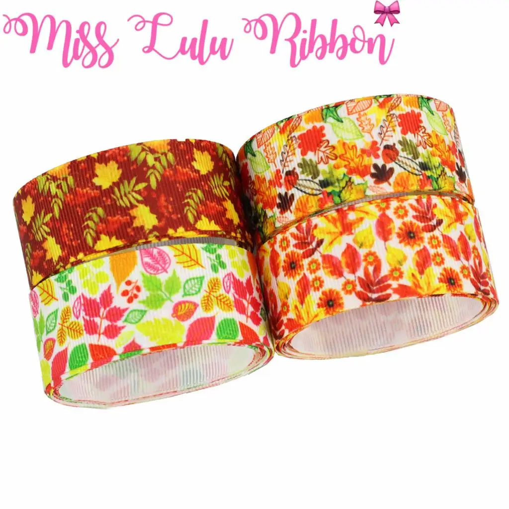 

16mm-75mm Fall Leaf Series Printed Grosgrain/Foe Ribbon Hair Band Making 50yards/roll DIY Party Gift Decoration