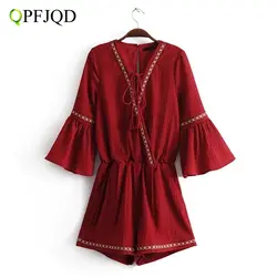 Qpfjqd Boho красный Этническая Вышивка комбинезоны Для женщин с расклешенными рукавами с бантом и бахромой V Средства ухода за кожей Шеи