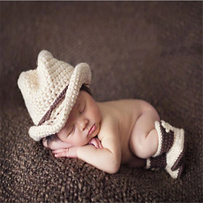 2019 Photography Prop Baby Infant Cowboy Crochet Knitted Costume Cap Shoes Soft Comfortable And Easy Baby Hats And Caps V11# (2)