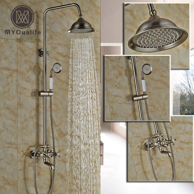 

Brushed Nickel Dual Handle Rainfall 8" Shower Set Swivel Tub Spout with Hand Shower Bath Shower Mixer Taps