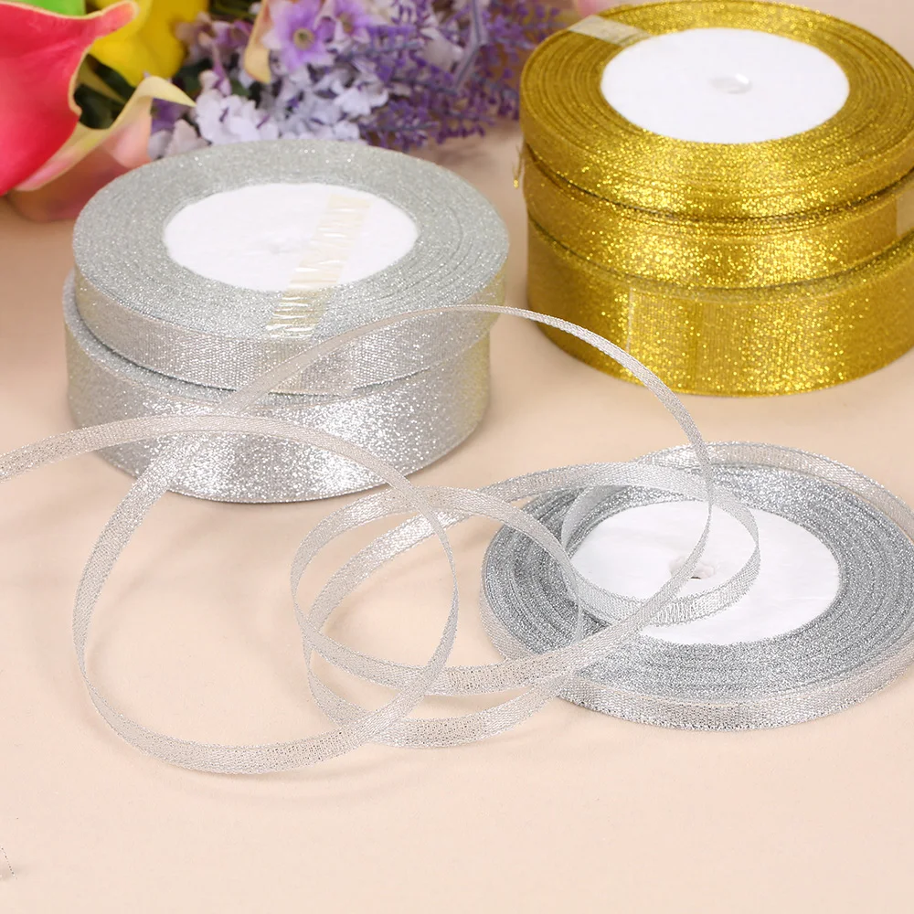 

Christmas Ribbons 25Yards/Roll 6/12/25mm Gold Silver Glitter Ribbon Grosgrain DIY Wedding Party Decor Invitation Card Gift Wrapp