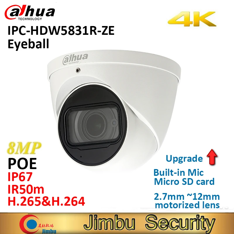 

Dahua 8MP 4K IP camera IPC-HDW5831R-ZE WDR IR50m Eyeball IP67 POE 2.7mm ~12mm motorized lens Built-in Mic Micro SD slot 128GB