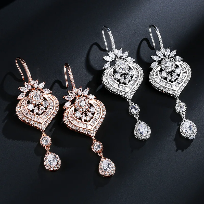 

UILZ Flower Configuration Micro Inlay Shiny Extend Water Drop Zircon Dangle Earrings for Women Banquet Preferred jewelry