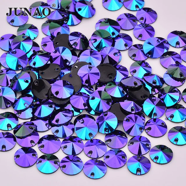 JUNAO 10mm Sewing Blue AB Crystal Rhinestones Flatback Acrylic Strass  Appliques Sew On Round Rivoli Beads for Dance Dress Jewel