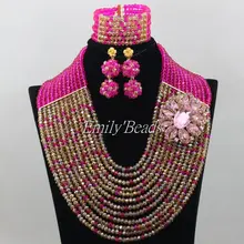 Великолепные африканские бусы комплект ювелирных изделий фуксия розовый/Золотой Кристалл бусы ожерелье набор 12 рядов свадебный подарок ювелирные изделия AIJ261
