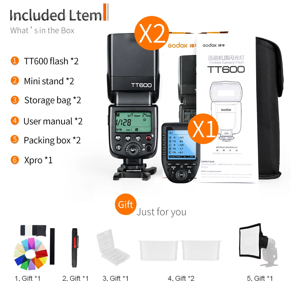 Беспроводная вспышка Godox 2x TT600 2 4G GN60 с триггером Xpro для Canon Nikon Sony Pentax Olympus