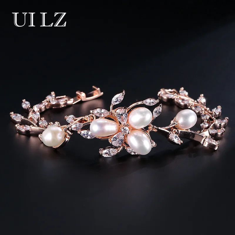 

UILZ Trendy Rose Gold Color Wedding Bracelets with CZ Zirconia Cluster Flower Imitation Pearl Women Bracelets Jewelry UB020