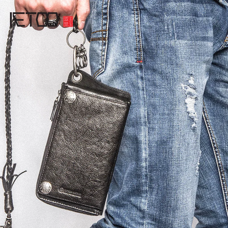 

BJYL Punk design ultra-thin leather men's long section multi-card bit wallet zipper wallet security chain mobile Vintage wallet