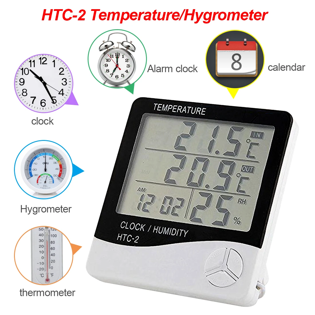 

Free ShippingDigital Thermometer Hygrometer Electronic LCD Temperature Humidity Meter Weather Station Indoor Outdoor Clock HTC-2