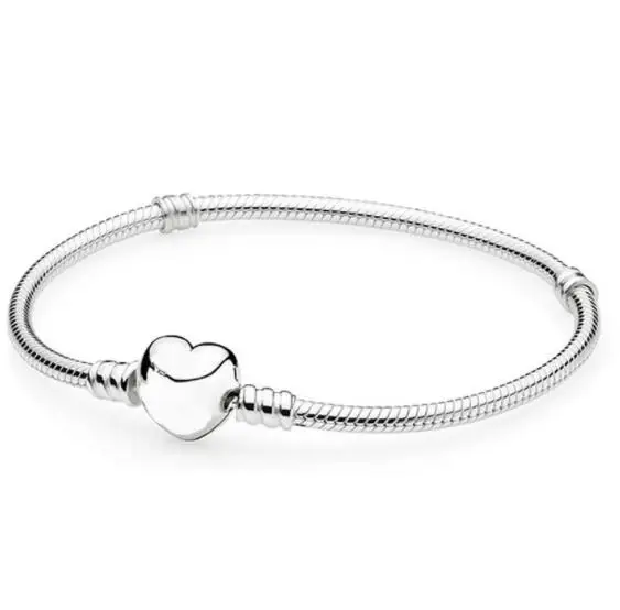 

Authenetic 925 Sterling Silver Heart Clasp Snake Chain Pandora Bracelet Bangle Fit Women Bead Charm Diy Europe Jewelry