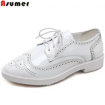 

ASUMER black brown fashion spring autumn flat shoes woman round toe casual comfortable lace up patent leather women flats
