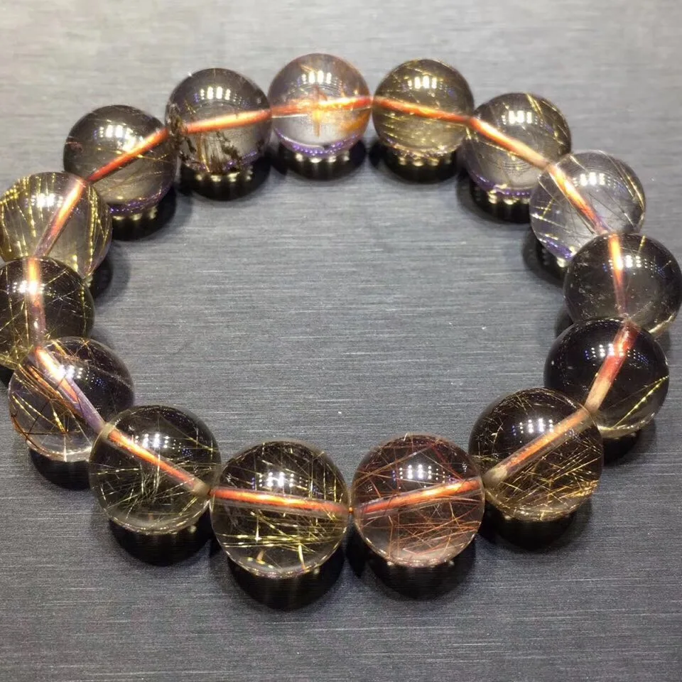 

14mm Genuine Natural Copper Rutilated Quartz Crystal Bracelet Round Beads Woman Lady Gift Gemstone Bracelets AAAAA Drop Shipping