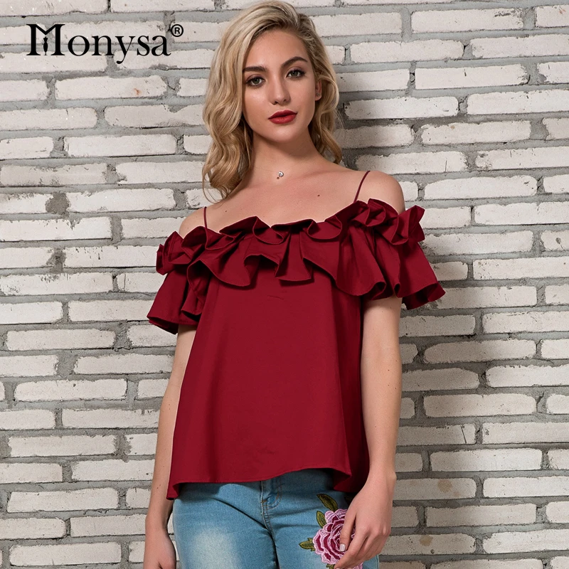 

Womens Tops and Blouses 2018 Summer New Arrivals Fashion Spaghetti Strap Ruffle Tops Ladies Streetwear Off Shoulder Blouse Red