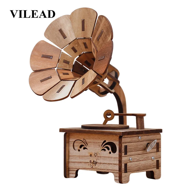 

VILEAD 21cm Wood Music Box Figurines Creative Wooden DIY Phonograph Model Girl Birthday Gift For Kid Home Decoration Accessories