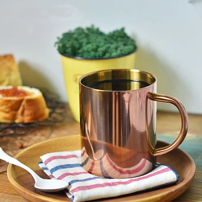 Nordic Wind Copper Plating Double Wall 304 Stainless Steel Mug Water Coffee Cup With Handgrip