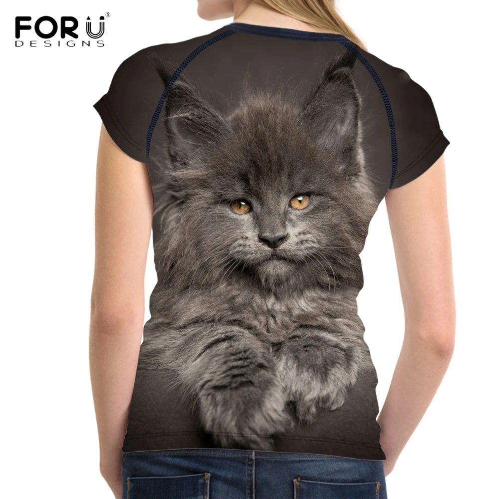 FORUDESIGNS/забавные женские футболки с 3D принтом кота Мейн-Куна/киски модные футболки с короткими рукавами для фитнеса для девочек летняя футболка