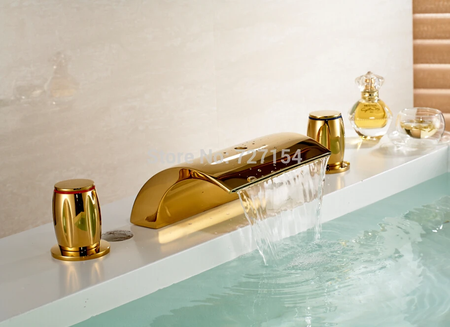 

Free Shipping! Deck Mounted Waterfall Golden Basin Faucet Widespread Spout Mixer Dual Handles