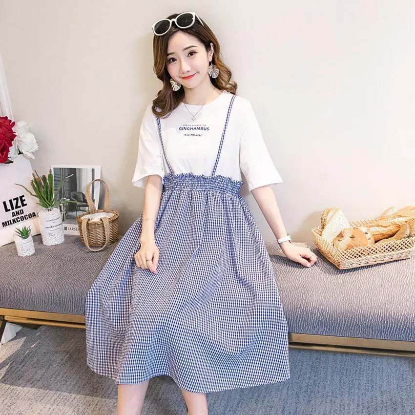 

2019 summer new T-shirt plaid strap dress maternity dress Korean fashion letter print pregnancy dress
