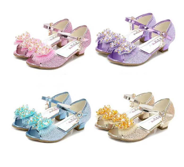 Летние сандалии для вечерние девочек, детская обувь для девочек, модельные туфли, модные блестящие сандалии принцессы на высоком каблуке