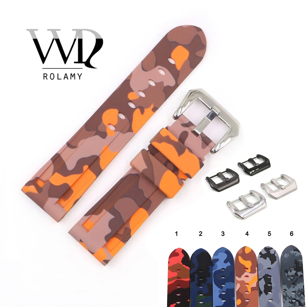 

Rolamy 22 24mm Camo Orange Grey Waterproof Silicone Rubber Replacement Wrist Watch Band Loops Strap For Panerai Luminor