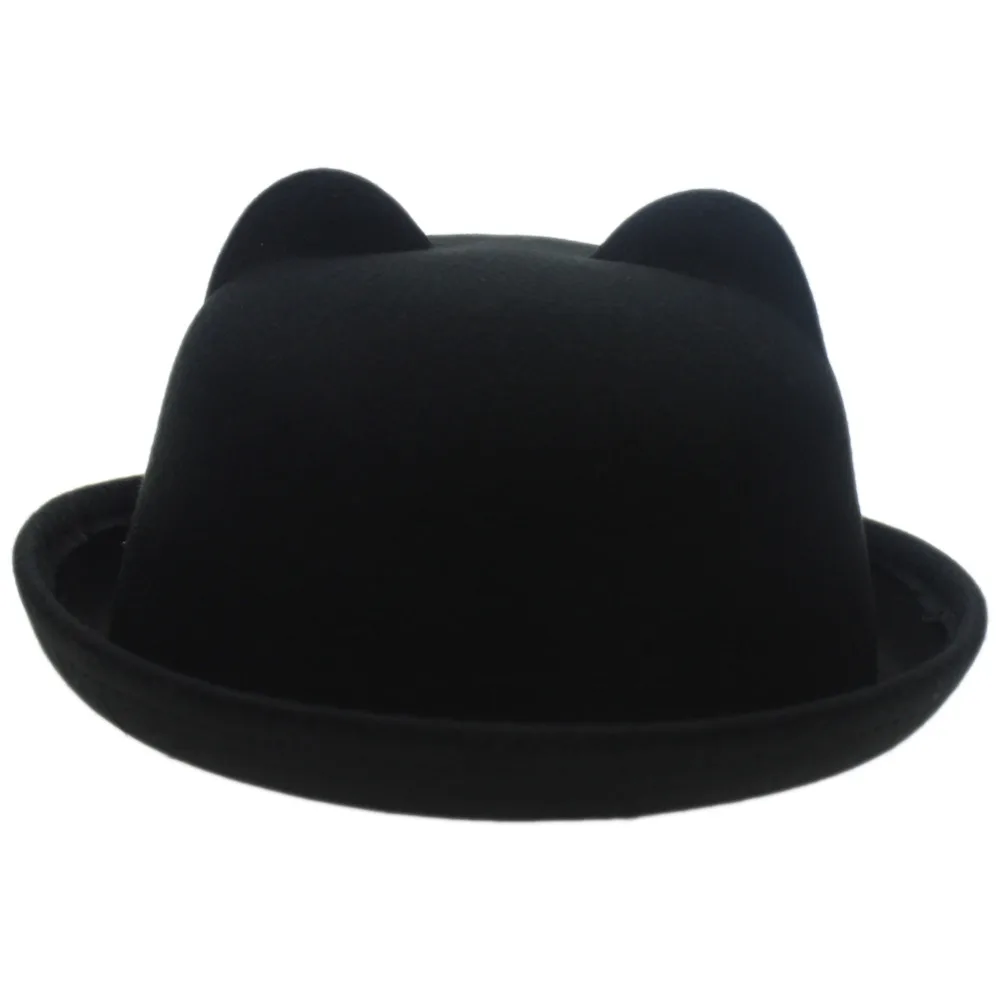 Women's Candy Color Wool Woolen Felt Cat Ear Curling Fedora Bowler Top