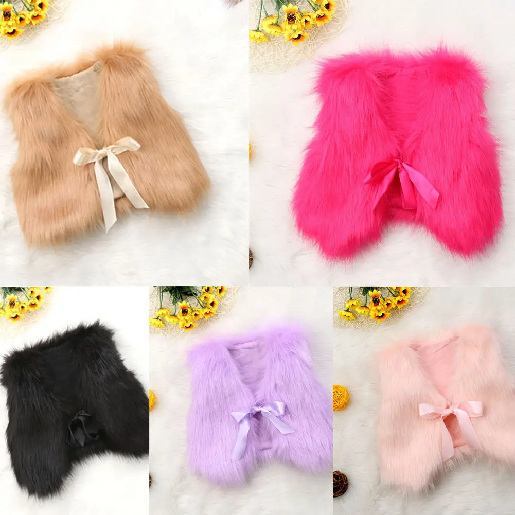 6 Colors New Toddler Baby Girls Kids Winter Faux Fur Vest Waistcoat Sleeveless Solid Bowknot Belt Warm Coat Outwear Jacket