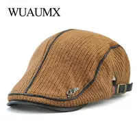 Wuaumx Autumn Winter Crochet Beret Buckle Hats For Men Beret Cap Women Military Visors Thicken Wool Warmer Knitted Cap Casquette 5