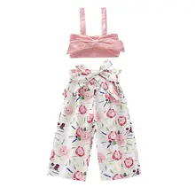 Модная жилетка с бантом для новорожденных девочек от 1 до 5 лет топ+ штаны; одежда с цветочным принтом