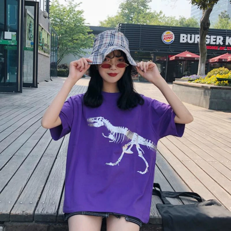 KYMAKUTU Harajuku Hipster Summer Dinosaur Printed Women's T Shirts Short Sleeve O Neck Loose Female Tee Shirt Poleras Mujer Tops Tops