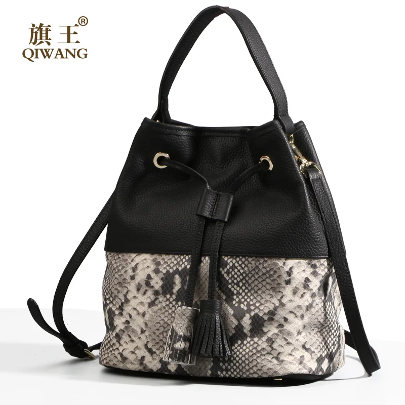 Qiwang Fashion Women&#39;s Bucket Bag Genuine Leather For Women Famous Brand Bucket Snakeskin ...