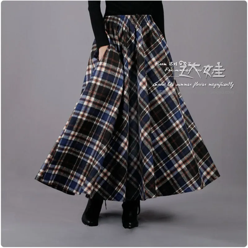 2017new herfst winter vrouwen rok 50 s vintage en retro wol maxi elastische plaid klassieke dikke warme saias longa a-0052