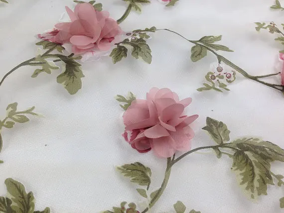 

5 yards hot sale printed organza lace fabric with 3D flowers, 3D chiffon rosette pink floral fabric, bridal lace fabric, MF210