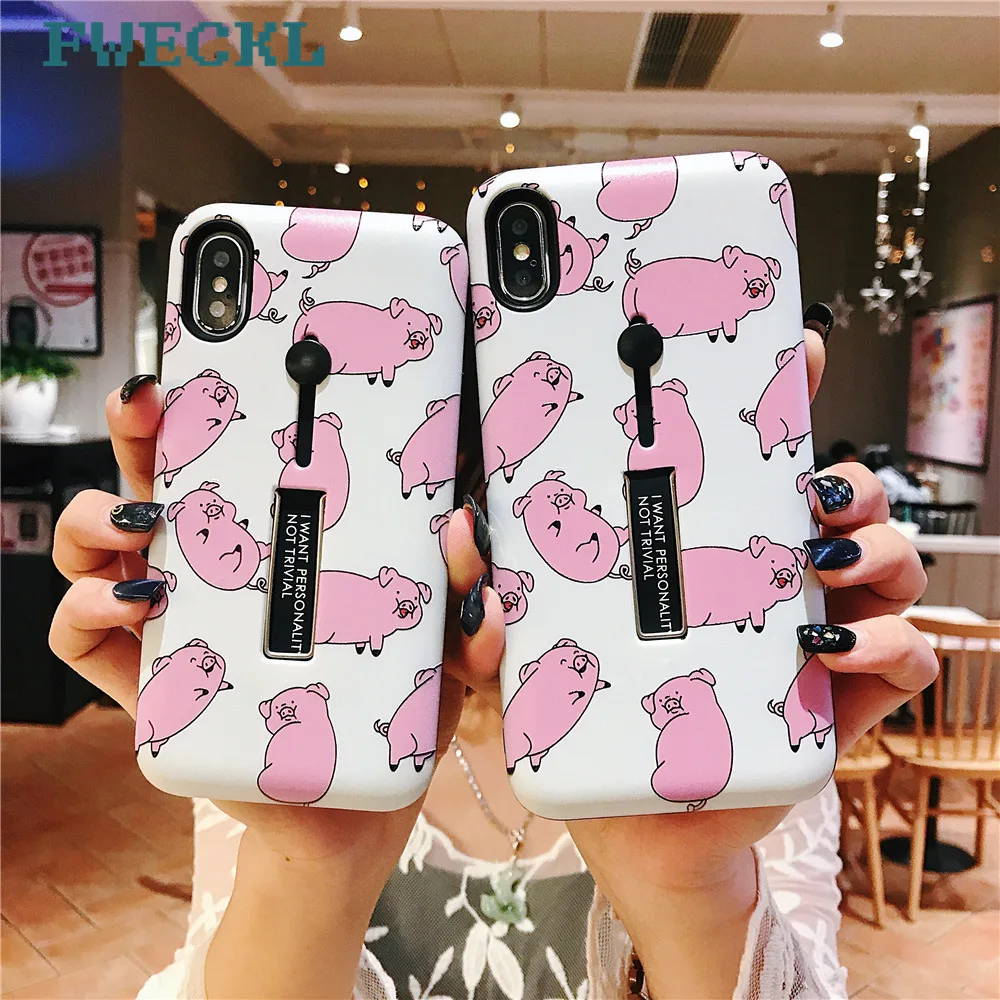 

High quaity Hide Bracket Ring Phone Case For iPhone 6 6S Plus 7 8 Plus Relief Cartoon Lovely Pink Pig Case For iPhone XS MAX XR