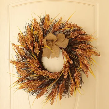 

45cm Autumn Wheat Ear Grain Harvest Rattan Circle Artificial Flower Front Door Wall Home Decor Thanksgiving Decoration Wreath