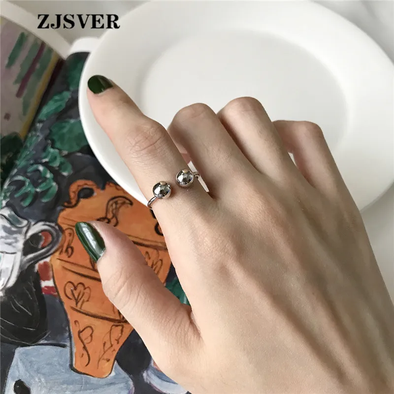 

ZJSVER 925 Sterling Silver Ring Korean Fashion Simple Double Beads Adjustable Women Ring For Party Present Wholesale Jewelry