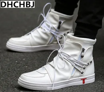 

Hip hop dance Men soft leather white Shoes Fashion High top Men's Casual Shoes Breathable cross tied kanye west boots Black