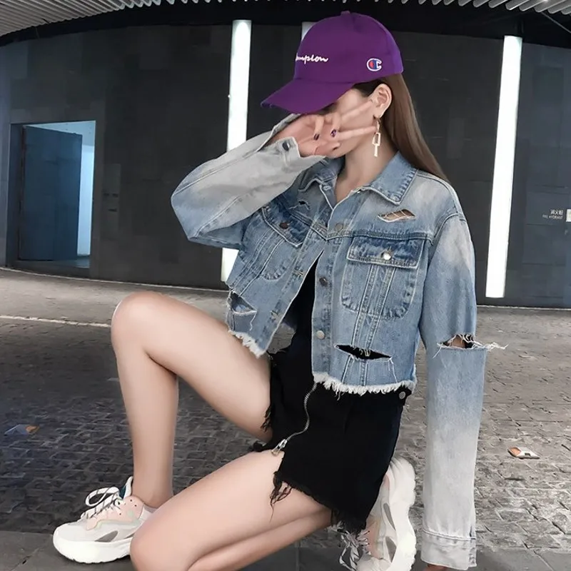 Femmes Trou Court Jeans Manches Denim Gland Vestes Hip S Tops Déchiré Light Bombardier Longues Boyfriend Veste xl Hop Harajuku Blue Manteaux Lâche C0Iqdwwn