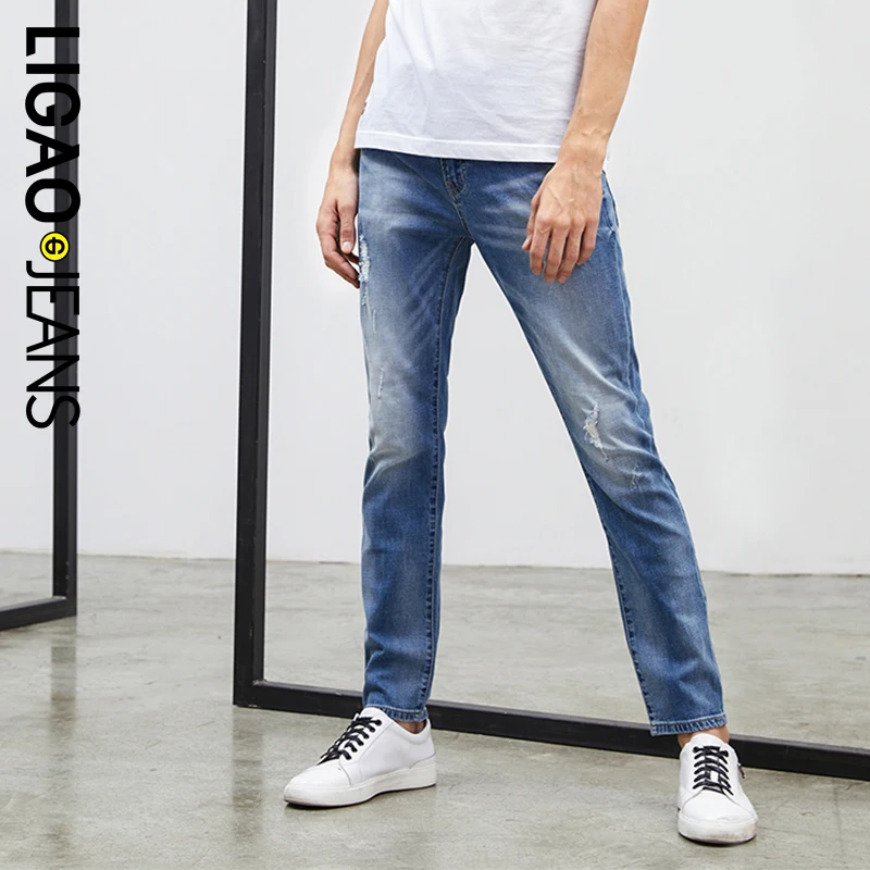 LIGAO Для мужчин джинсы 2018 новый классический стиль повседневные джинсы эластичные тонкие брюки Мода нищий поцарапанные рваные Для мужчин