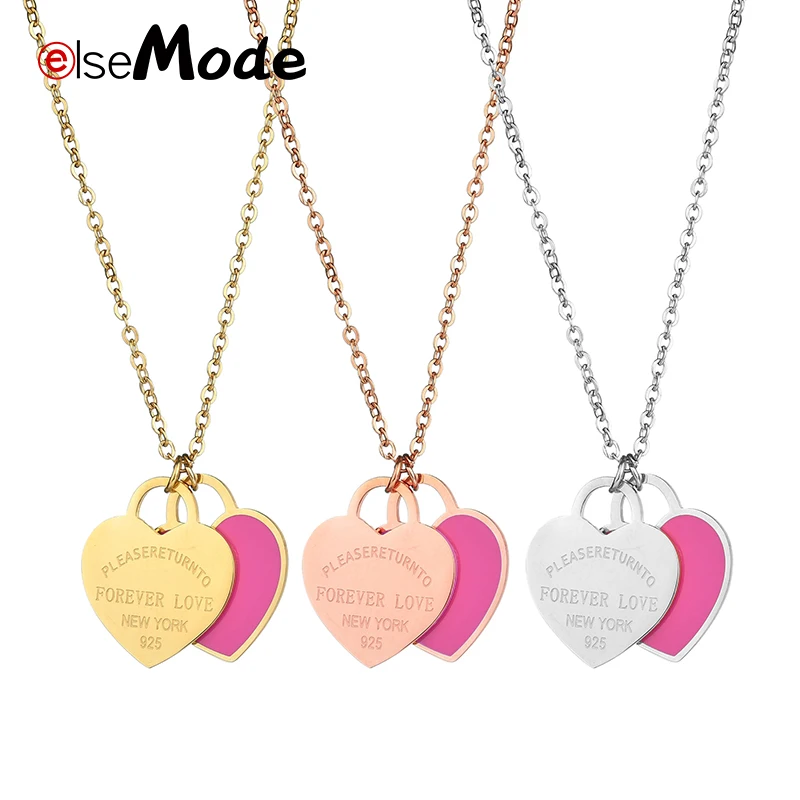 

ELSEMODE Enamel "FOREVER LOVE" Letter Double Heart Pendant Necklaces Stainless Steel Fashion Accessories for Women Wedding Gift