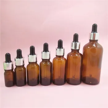 

2/10pcs 5/10/15/20/30/50/100ml Empty Amber Glass Essential Oil Dropper Bottle & Aluminum Dropping Cover Black Rubber Glue head