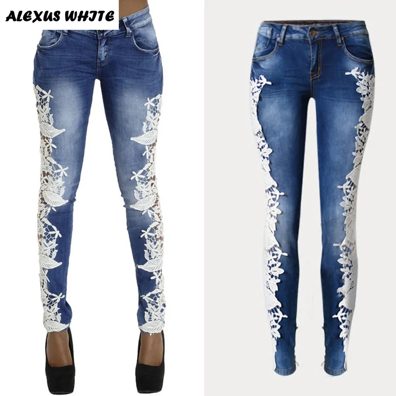 Lace Spliced Jeans 2017 Autumn font b Women s b font Skinny Denim Trousers Low Waisted