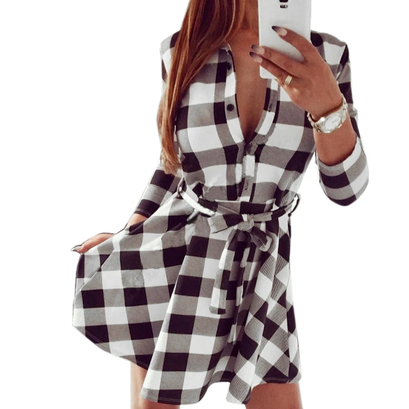 

SHUJIN Plus Size 3XL Dress WomenSpring Long Sleeve Dress Shirts Vintage Plaid Female Print Pleated Tunic Dress Vestidos 4XL