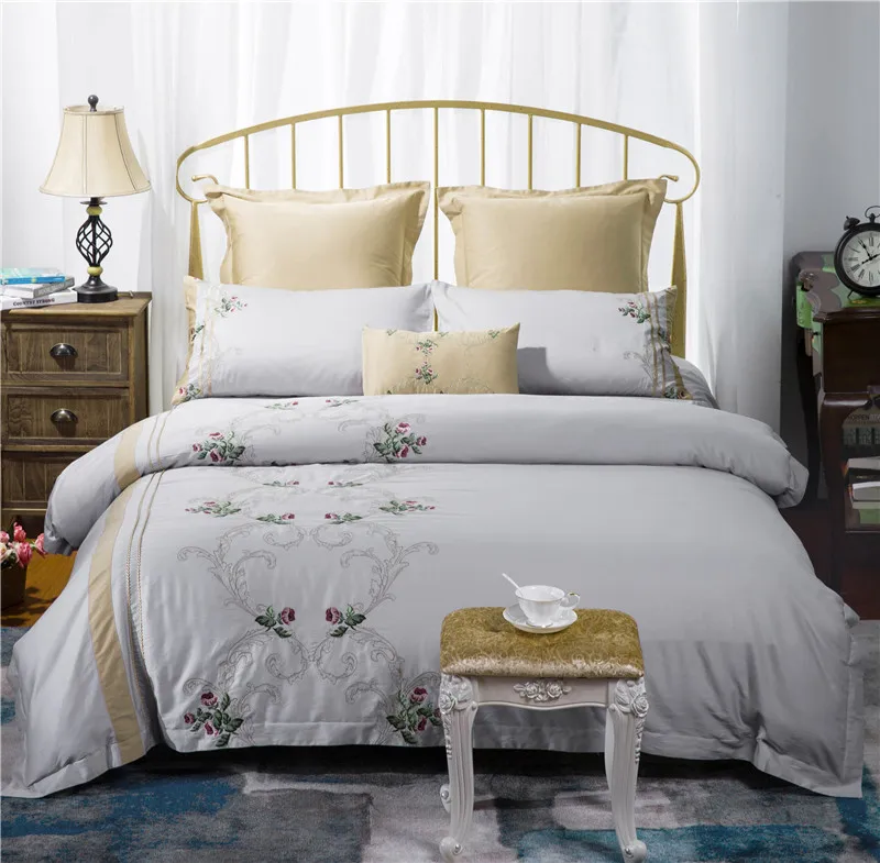 Egypt cotton 4/6pcs Bedding Set Grey Embroidered Bedding European style